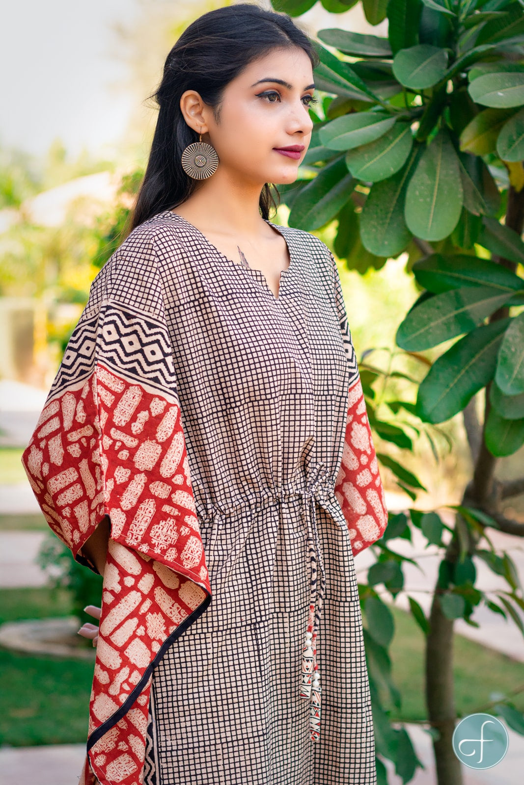 BAGRU RED BLOCK PRINTED COTTON KAFTAN DRESS-NVK168