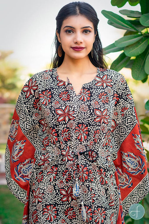 BAGRU RED BLOCK PRINTED BORDEDED COTTON KAFTAN DRESS-NVK170