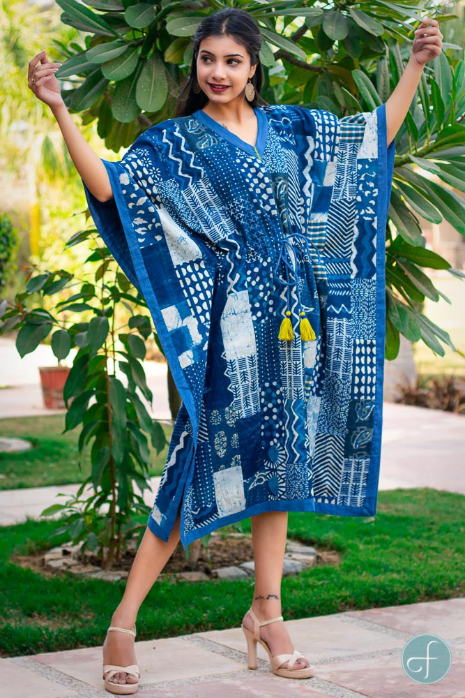 INDIGO BLOCK PRINTED PATCH WORK COTTON KAFTAN DRESS-NVK167