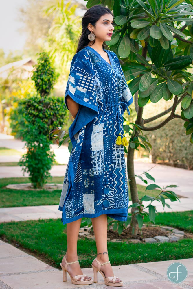 INDIGO BLOCK PRINTED PATCH WORK COTTON KAFTAN DRESS-NVK167