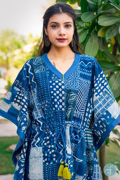 INDIGO BLOCK PRINTED PATCH WORK COTTON KAFTAN DRESS-NVK167