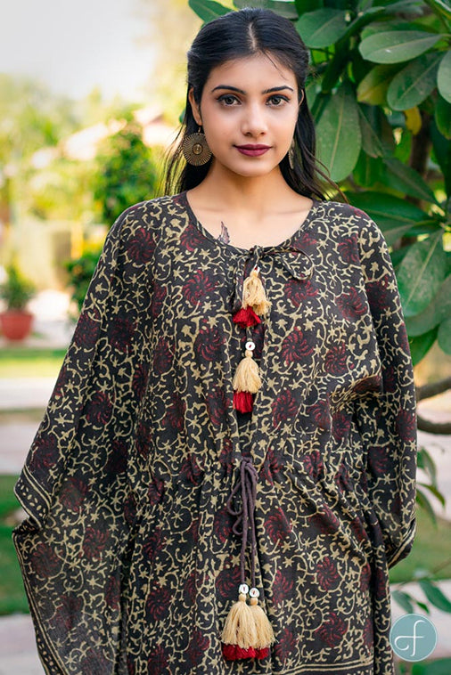 NATURAL DYE BROWN BLOCK PRINTED COTTON KAFTAN DRESS-NVK174