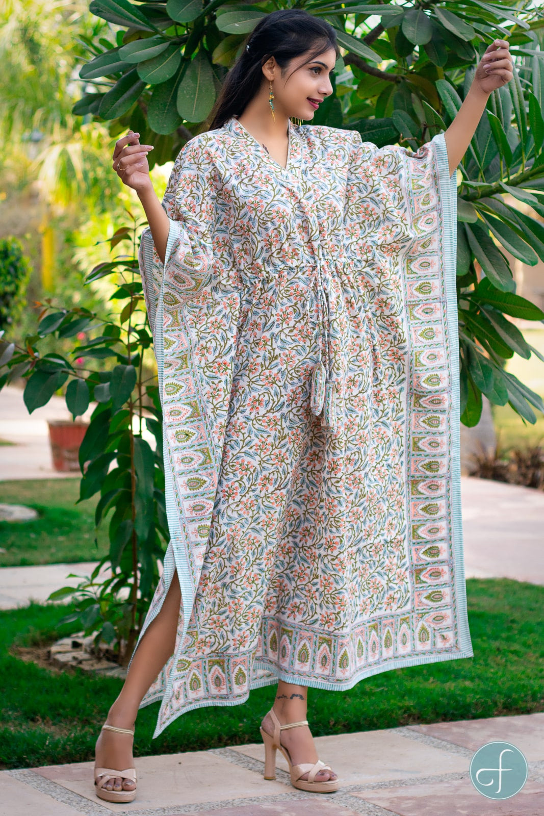 BLUE PEACH BLOCK PRINTED COTTON KAFTAN DRESS-NVK162