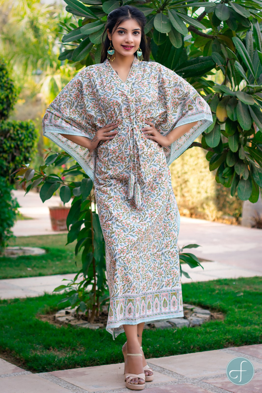 BLUE PEACH BLOCK PRINTED COTTON KAFTAN DRESS-NVK162