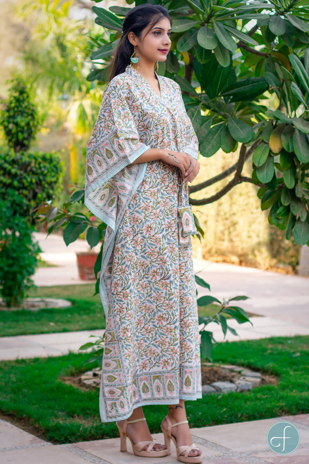 BLUE PEACH BLOCK PRINTED COTTON KAFTAN DRESS-NVK162