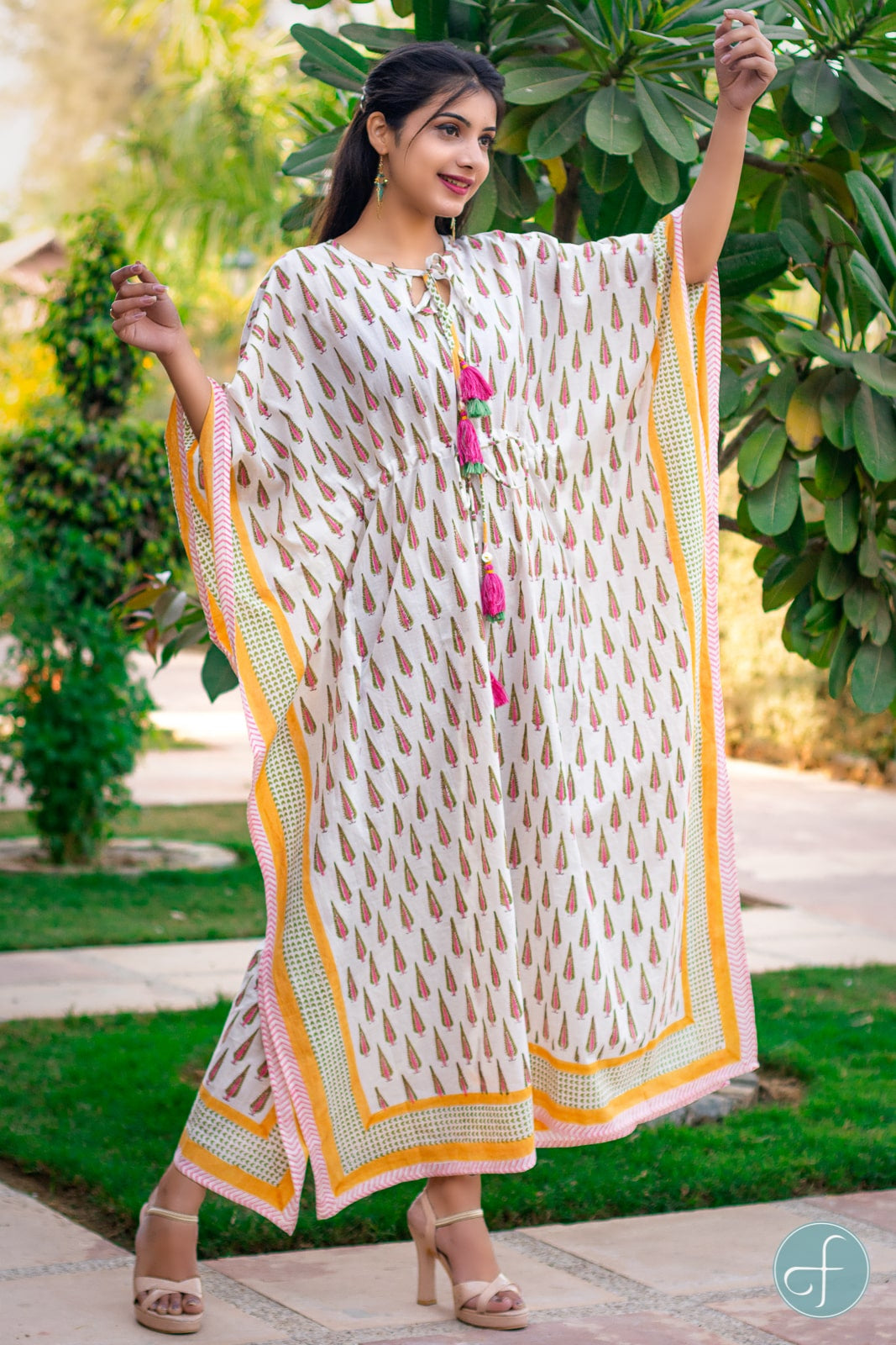 WHITE BLOCK PRINTED COTTON KAFTAN DRESS-NVK161