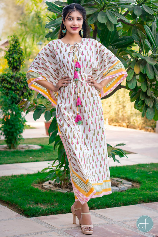 WHITE BLOCK PRINTED COTTON KAFTAN DRESS-NVK161