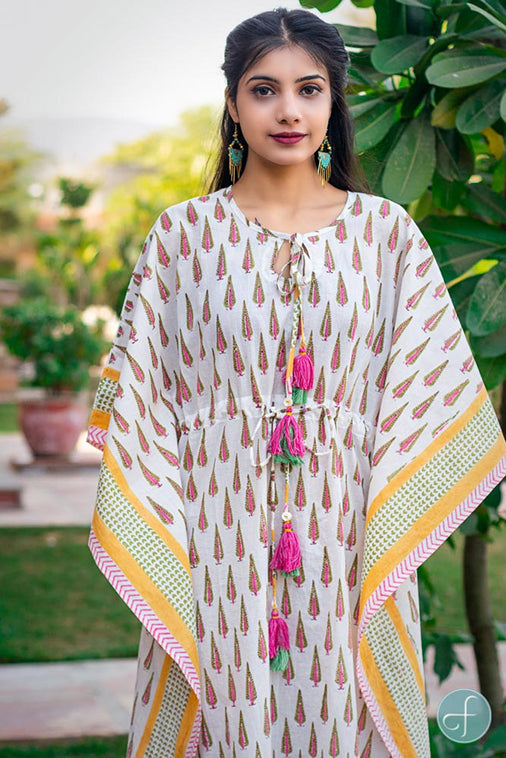 WHITE BLOCK PRINTED COTTON KAFTAN DRESS-NVK161