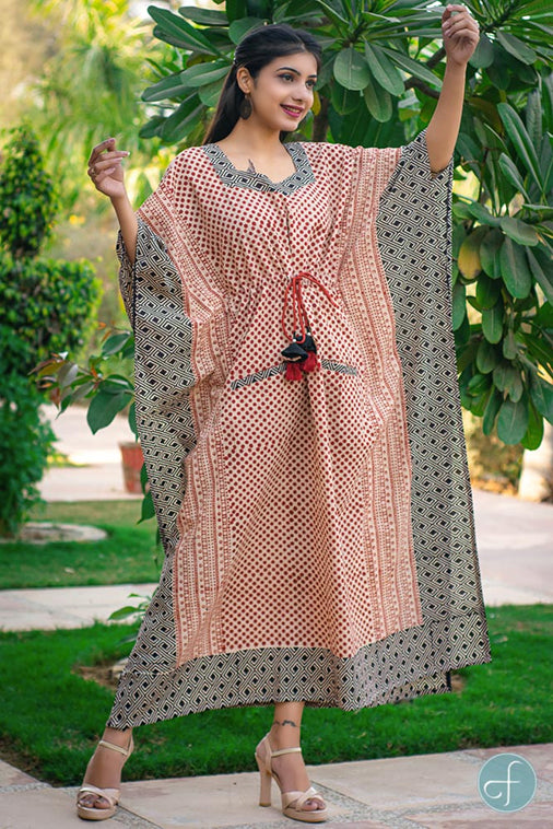 BAGRU RED BLACK COTTON KAFTAN DRESS-NVK151