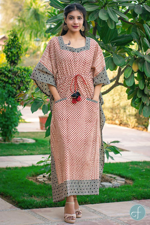 BAGRU RED BLACK COTTON KAFTAN DRESS-NVK151