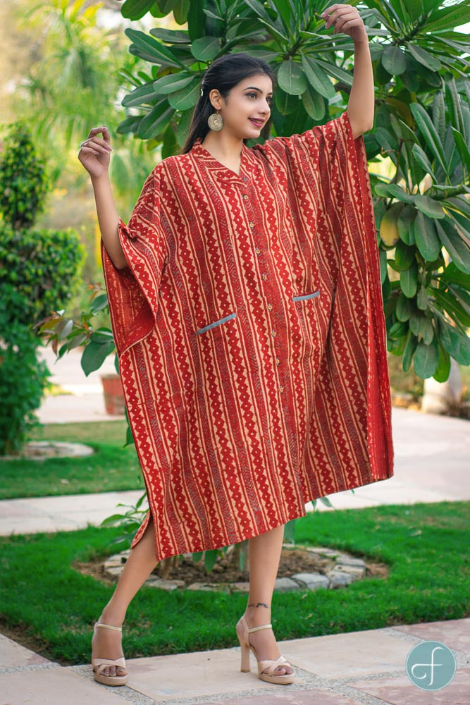 BRICK RED KHARI COTTON KAFTAN DRESS-NVK153