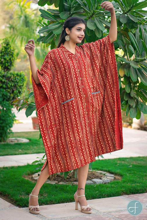 BRICK RED KHARI COTTON KAFTAN DRESS-NVK153