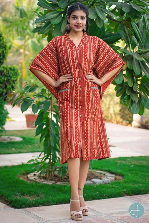 BRICK RED KHARI COTTON KAFTAN DRESS-NVK153