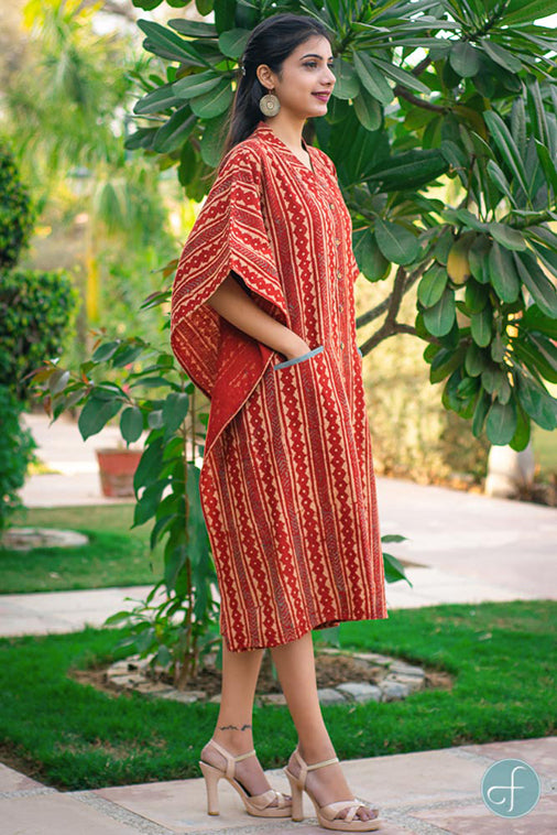 BRICK RED KHARI COTTON KAFTAN DRESS-NVK153