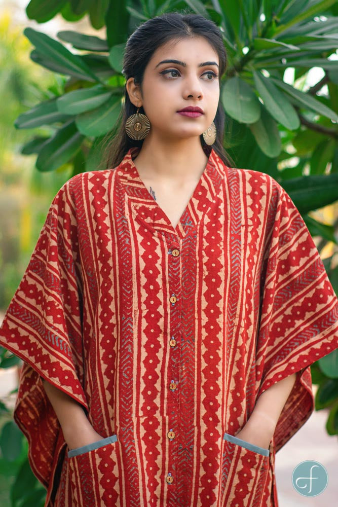 BRICK RED KHARI COTTON KAFTAN DRESS-NVK153