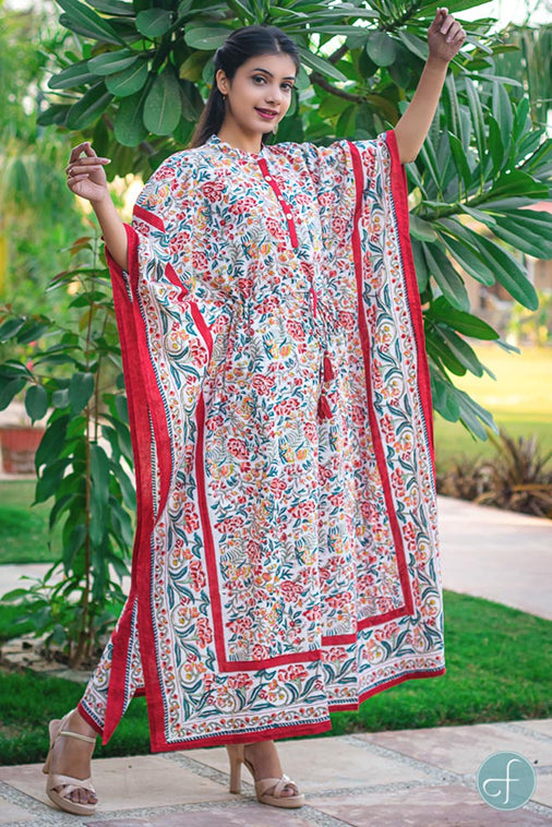 MULTICOLOR FLORAL BLOCK PRINTED COTTON KAFTAN DRESS-NVK160