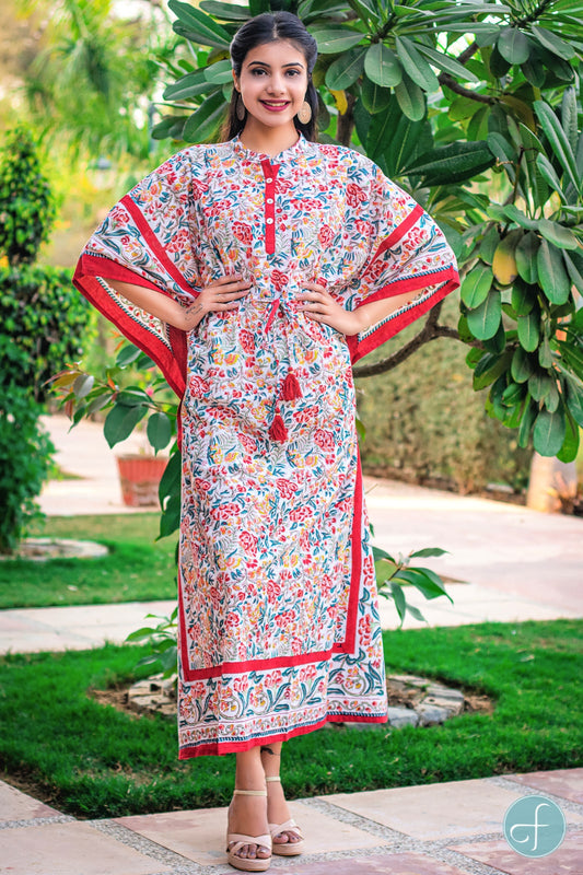 MULTICOLOR FLORAL BLOCK PRINTED COTTON KAFTAN DRESS-NVK160