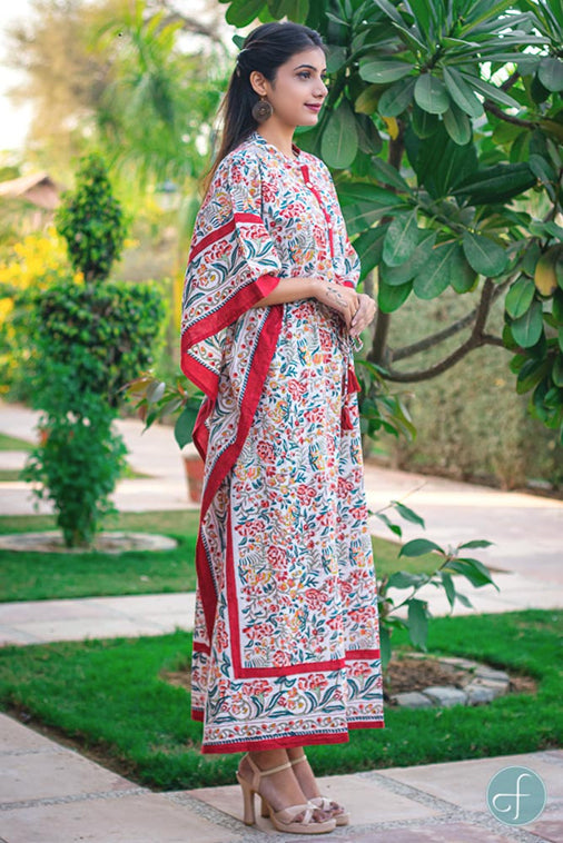 MULTICOLOR FLORAL BLOCK PRINTED COTTON KAFTAN DRESS-NVK160