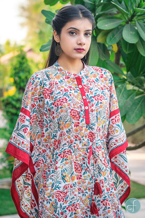 MULTICOLOR FLORAL BLOCK PRINTED COTTON KAFTAN DRESS-NVK160