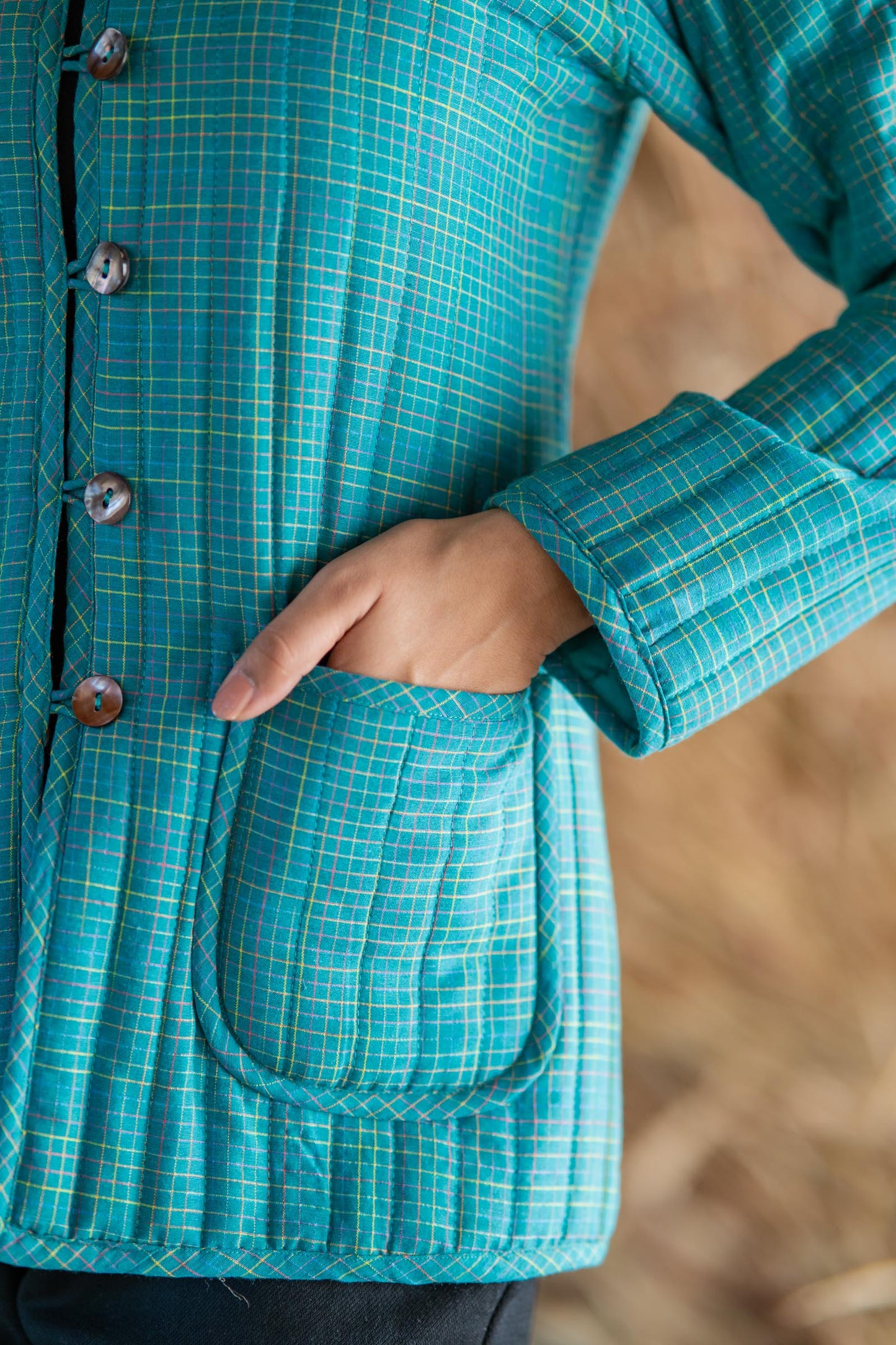 Blue Green Reversible Quilted Women Jacket-NVQJ507