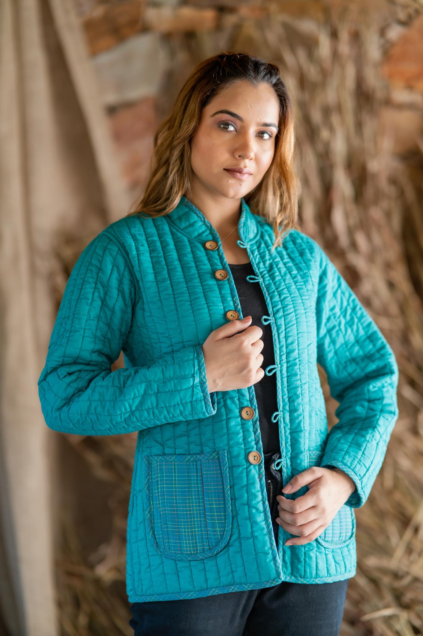 Blue Green Reversible Quilted Women Jacket-NVQJ507