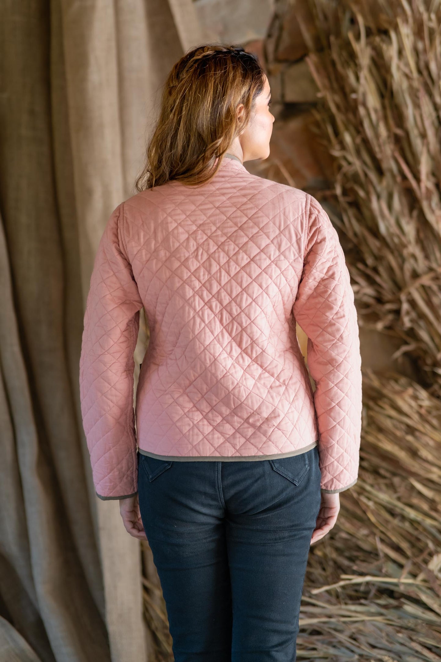 Pink Brown Reversible Quilted Women Jacket-NVQJ508