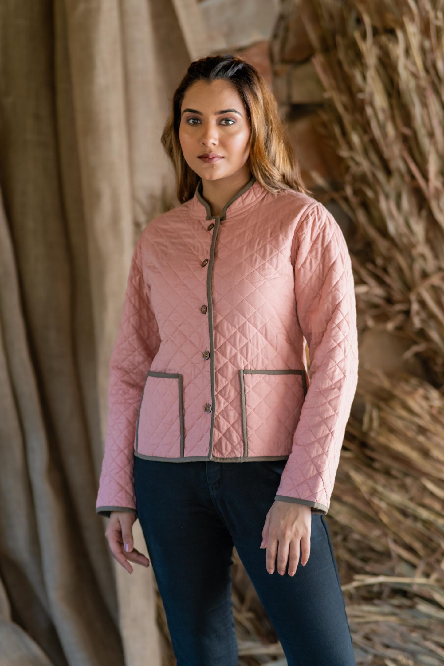 Pink Brown Reversible Quilted Women Jacket-NVQJ508