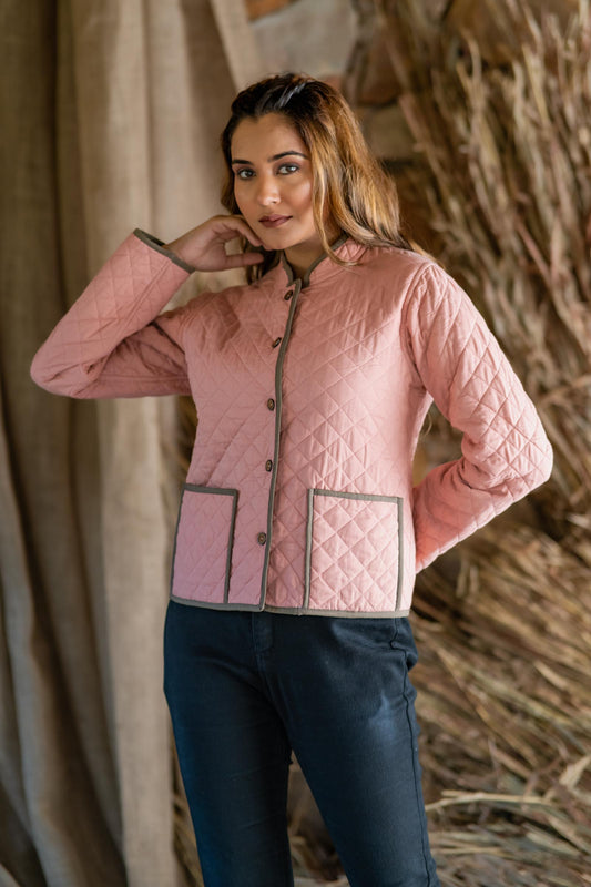 Pink Brown Reversible Quilted Women Jacket-NVQJ508