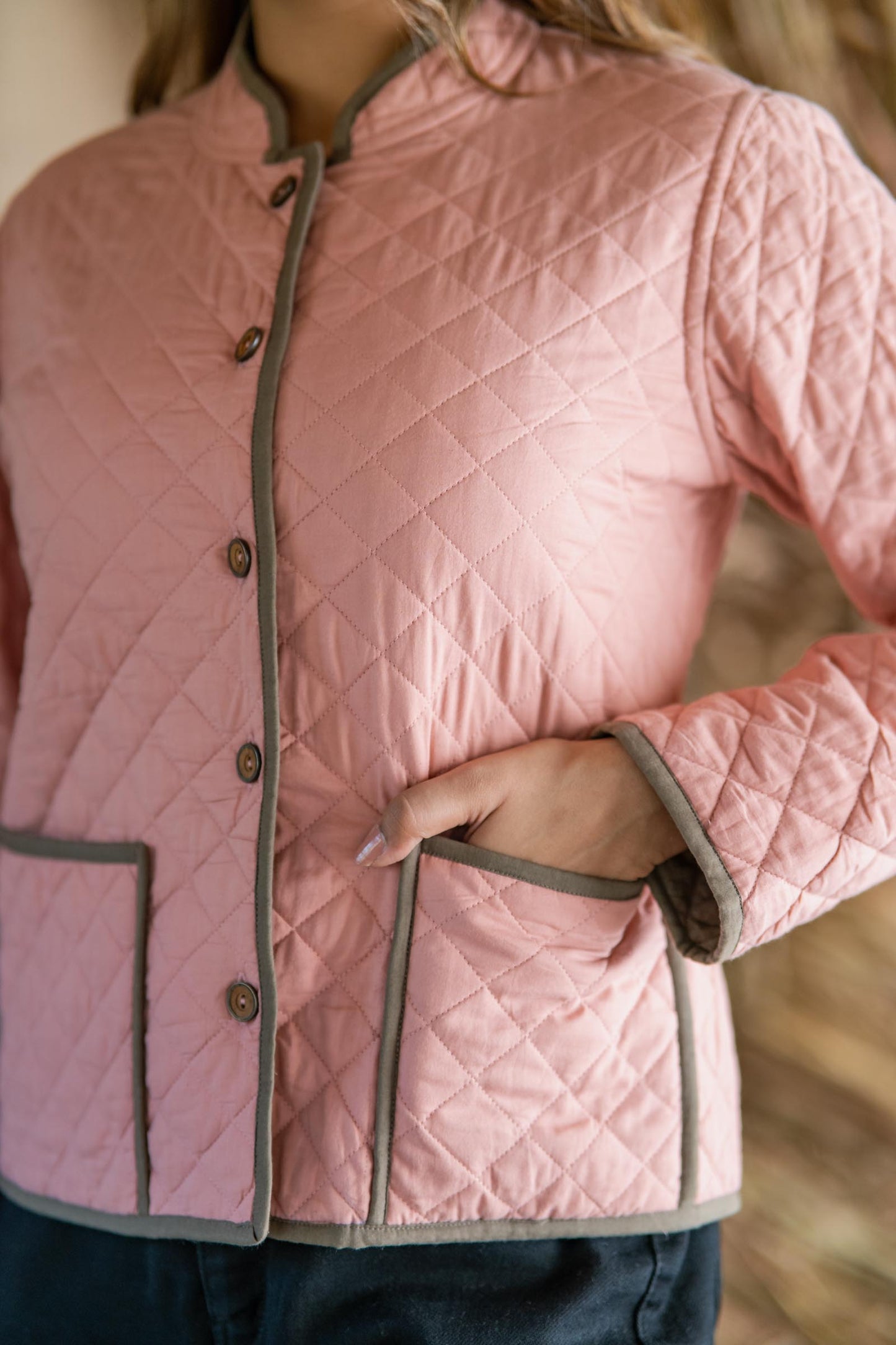 Pink Brown Reversible Quilted Women Jacket-NVQJ508