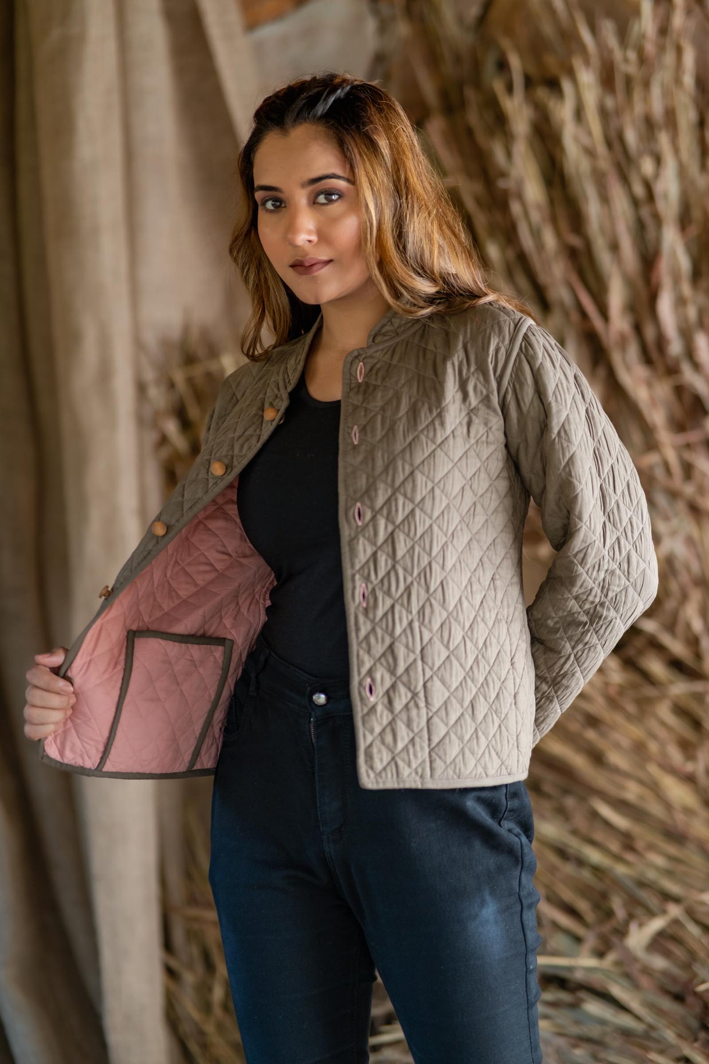 Pink Brown Reversible Quilted Women Jacket-NVQJ508