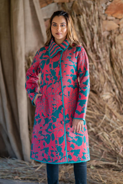 Green Pink Quilted Bukhara Jacket- NVQJ470 SALE