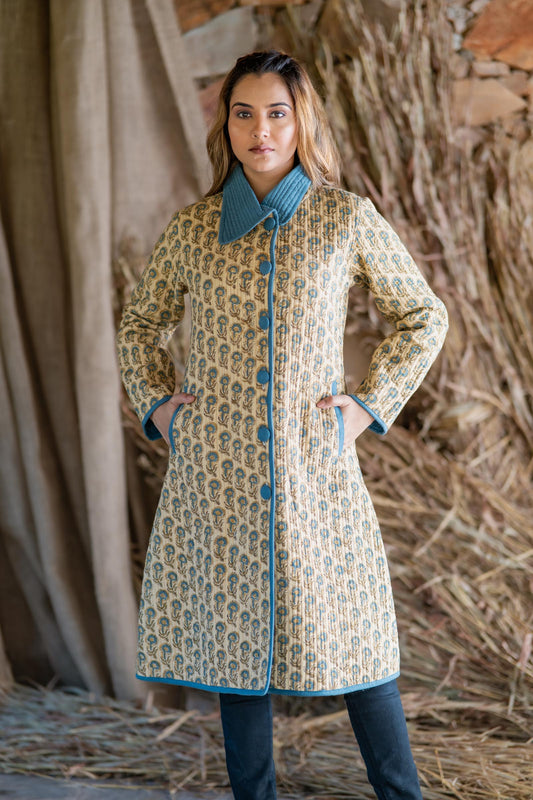 Blue Beige Block Printed Quilted Bukhara Jacket- NVQJ472