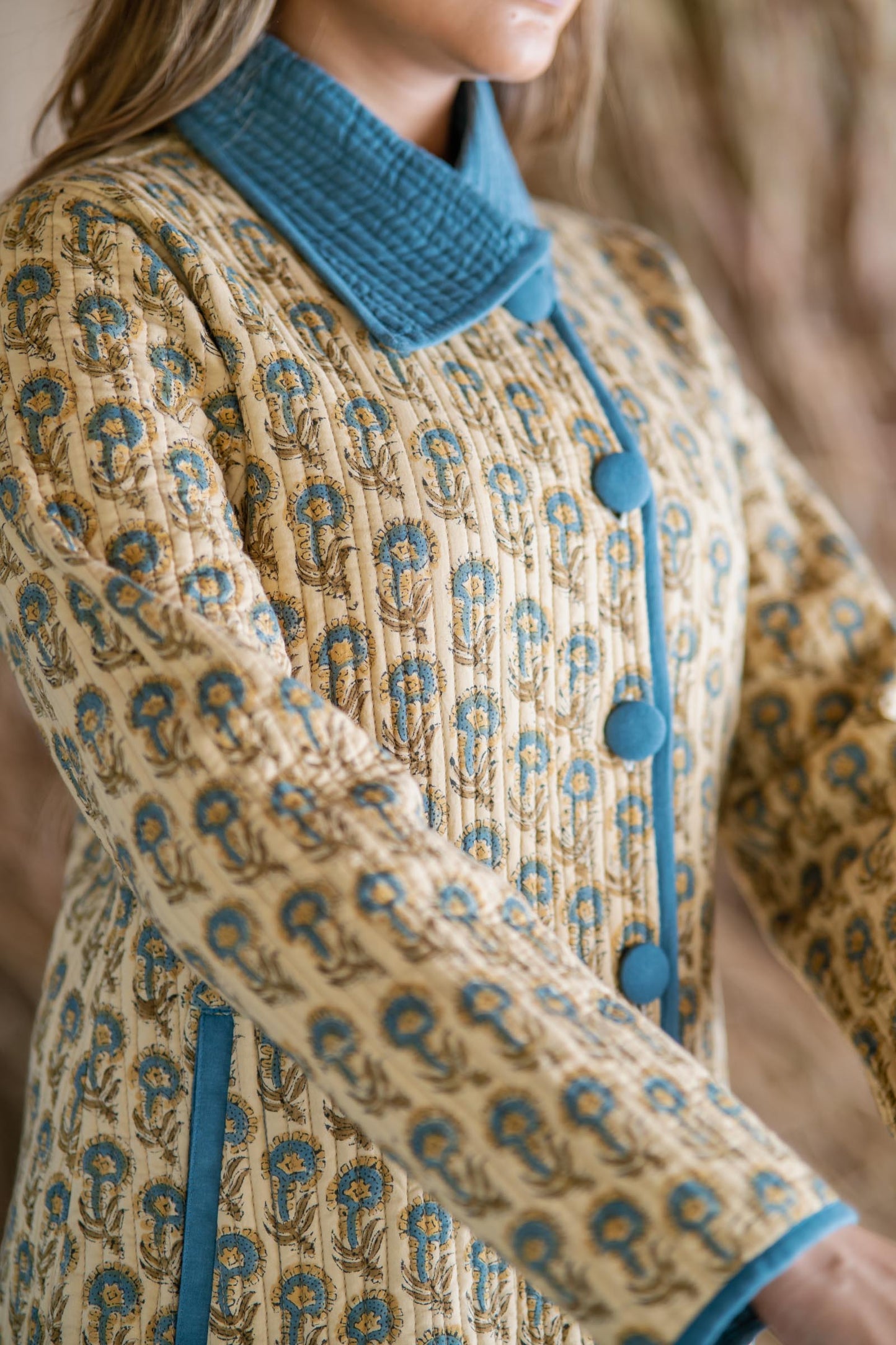 Blue Beige Block Printed Quilted Bukhara Jacket- NVQJ472