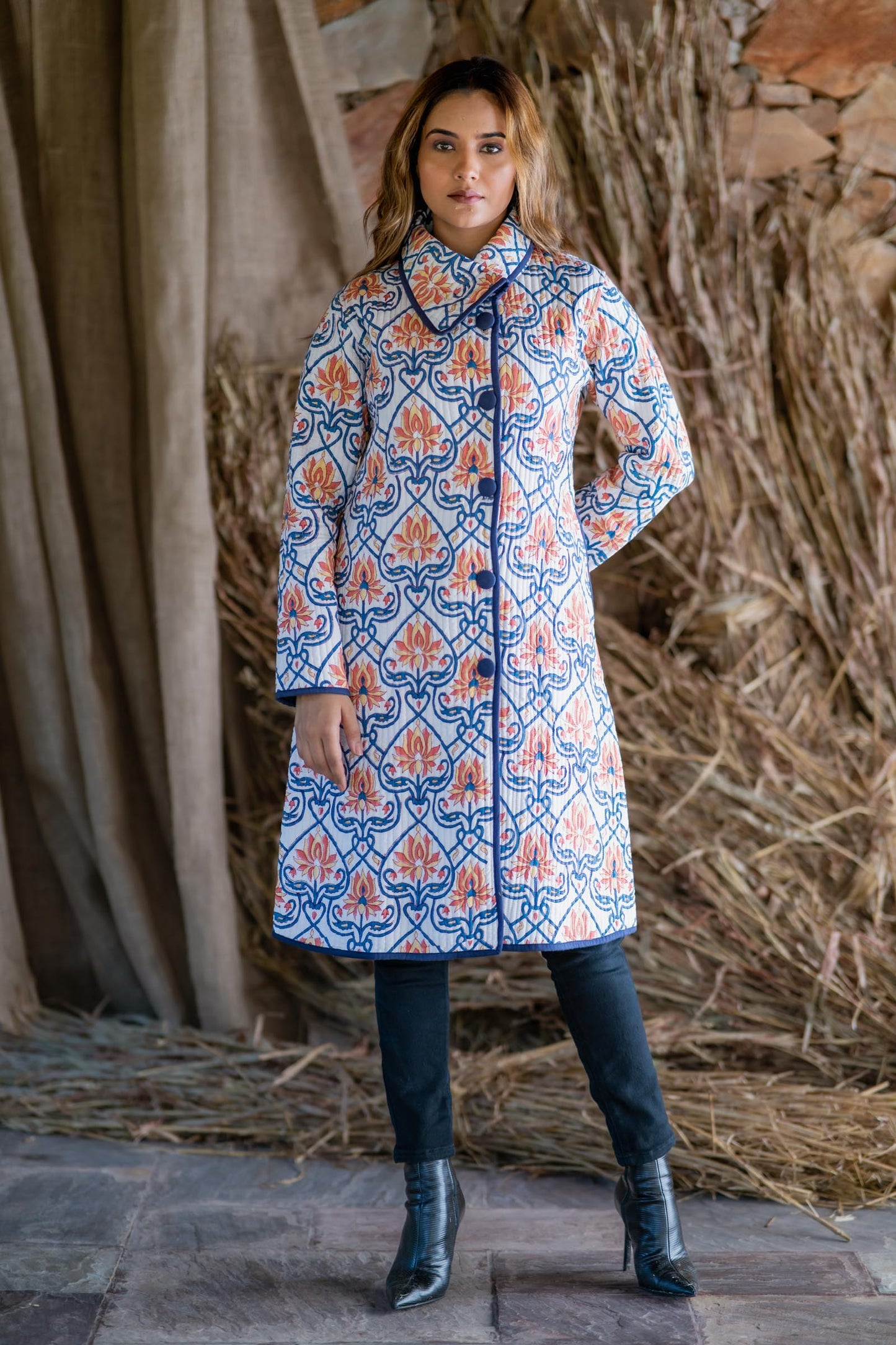 Blue Block Printed Quilted Bukhara Jacket- NVQJ471