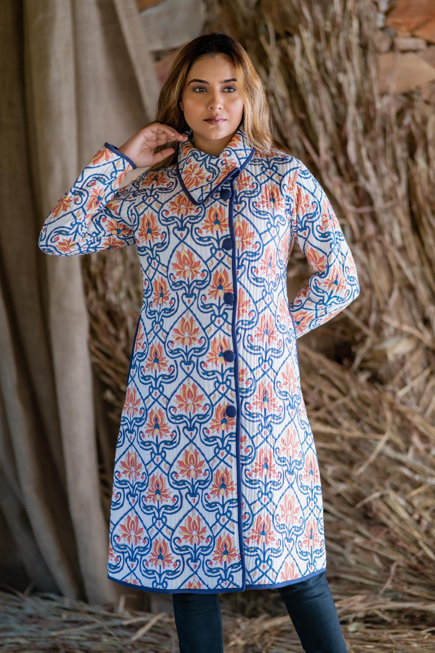 Blue Block Printed Quilted Bukhara Jacket- NVQJ471