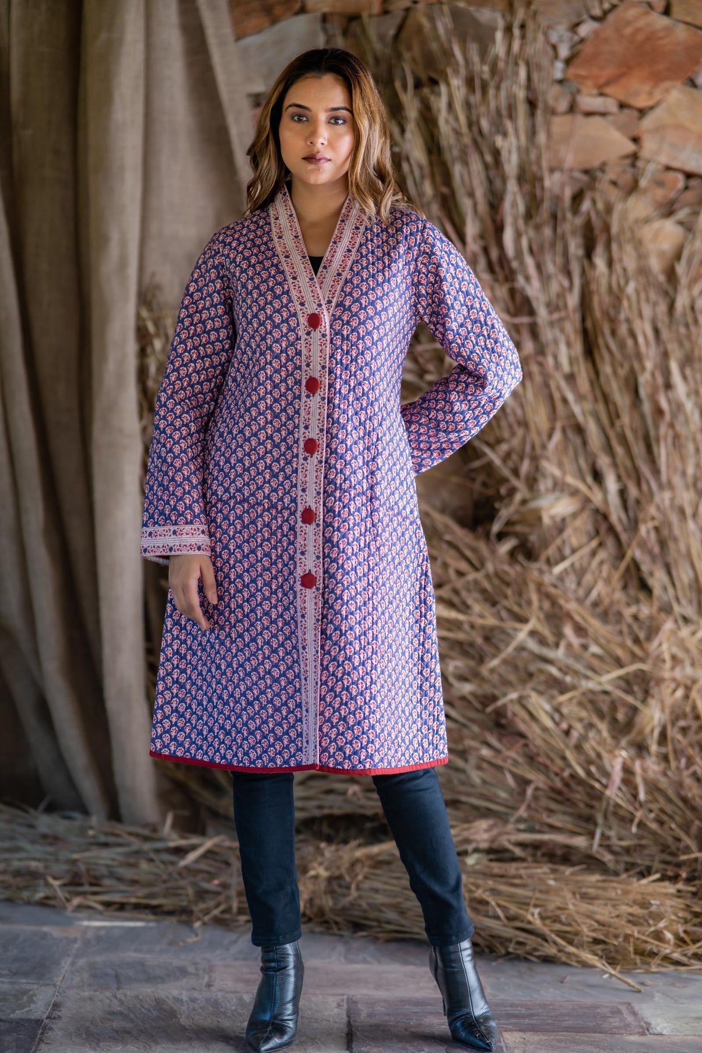 Blue Block Printed Bordered Quilted Coat- NVQJ484