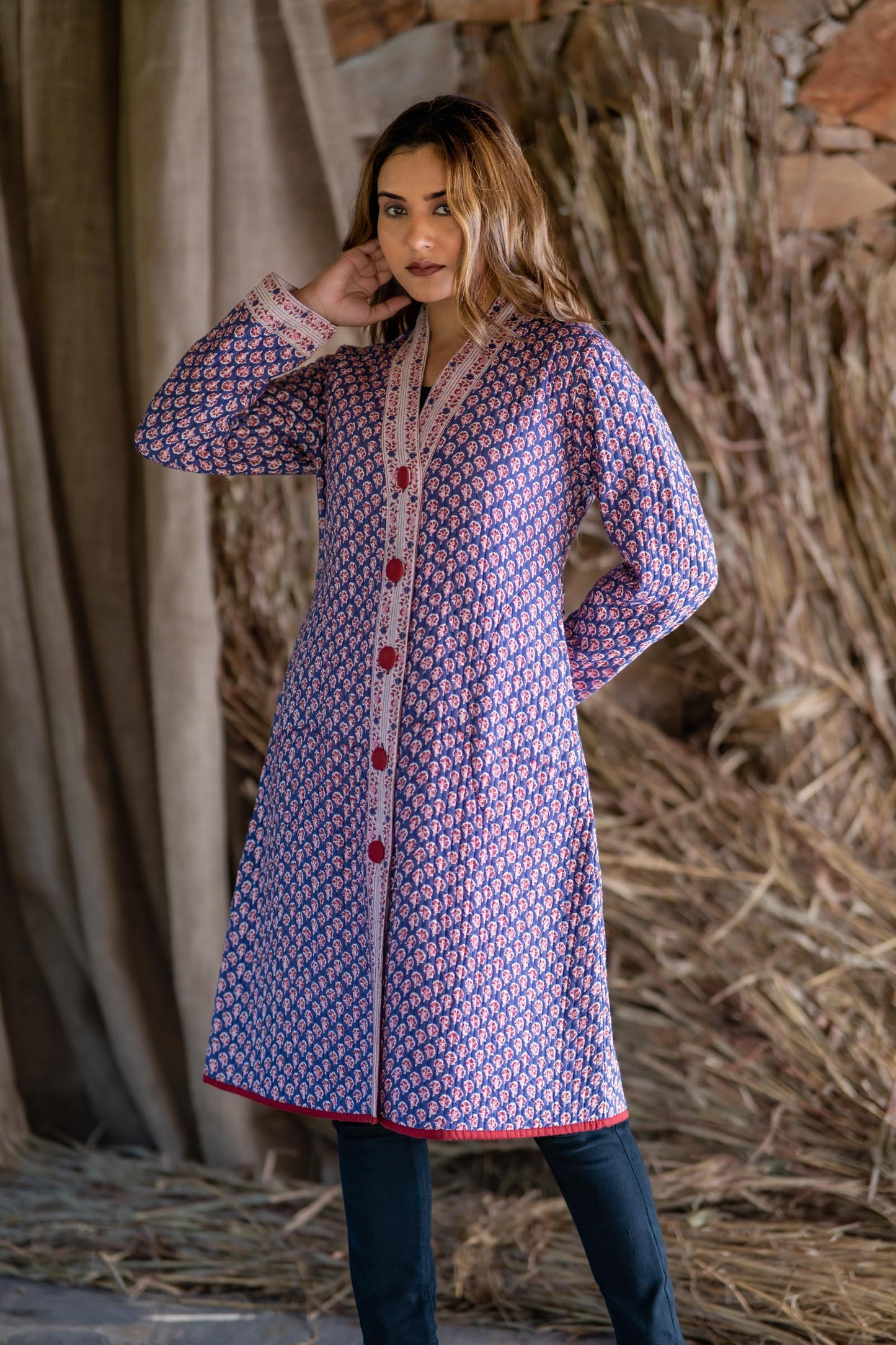 Blue Block Printed Bordered Quilted Coat- NVQJ484