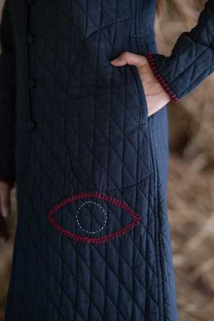 Black Patch Work Quilted Coat-NVQJ502