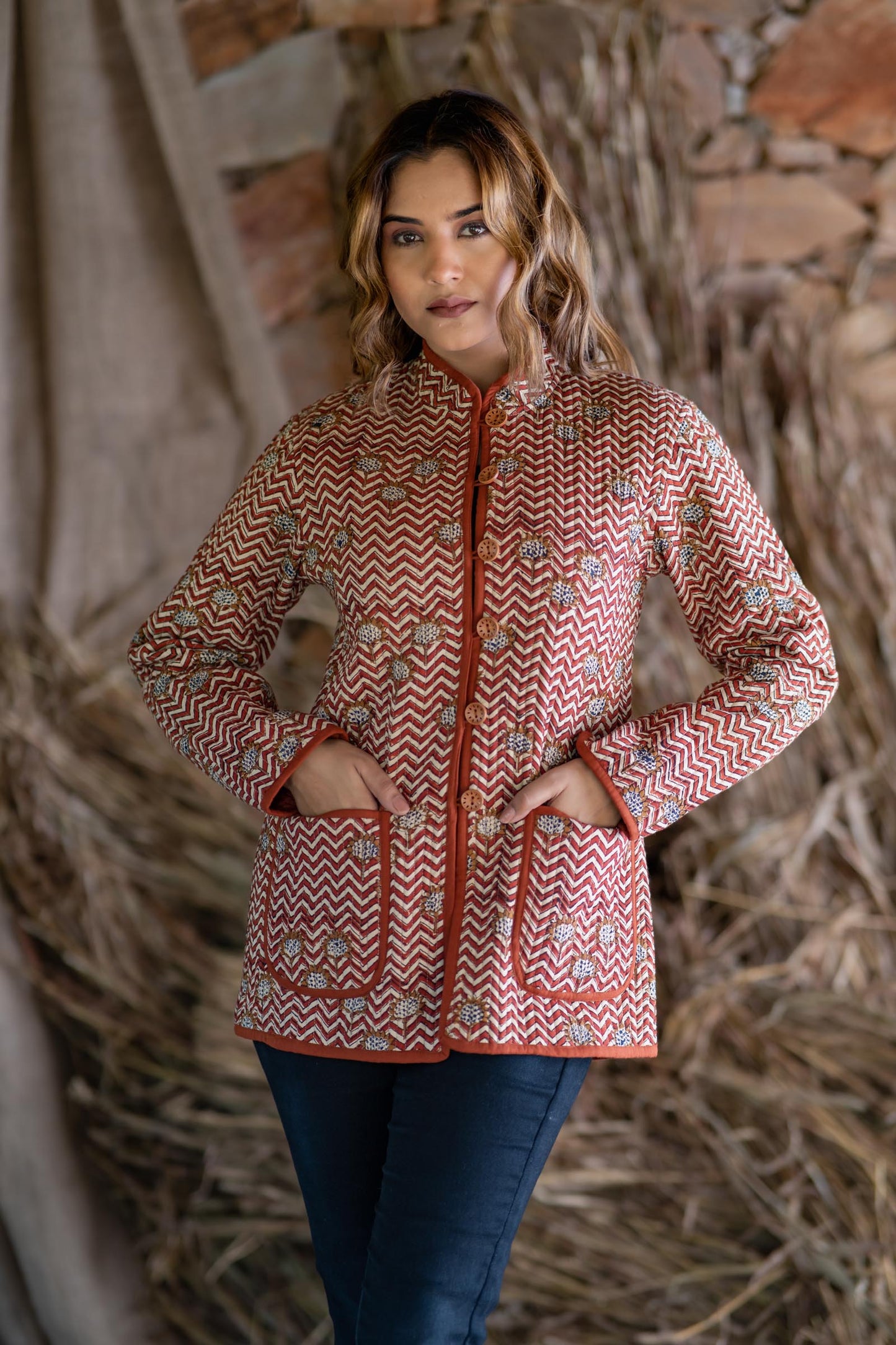 Bagru Red Quilted Reversible Jacket-NVQJ490