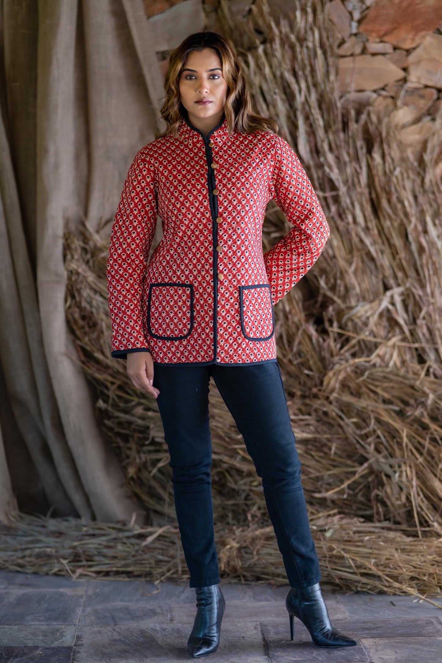 Bagru Red Black Quilted Reversible Jacket-NVQJ491