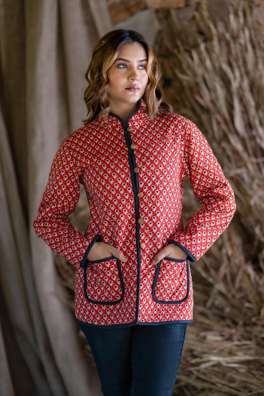 Bagru Red Black Quilted Reversible Jacket-NVQJ491