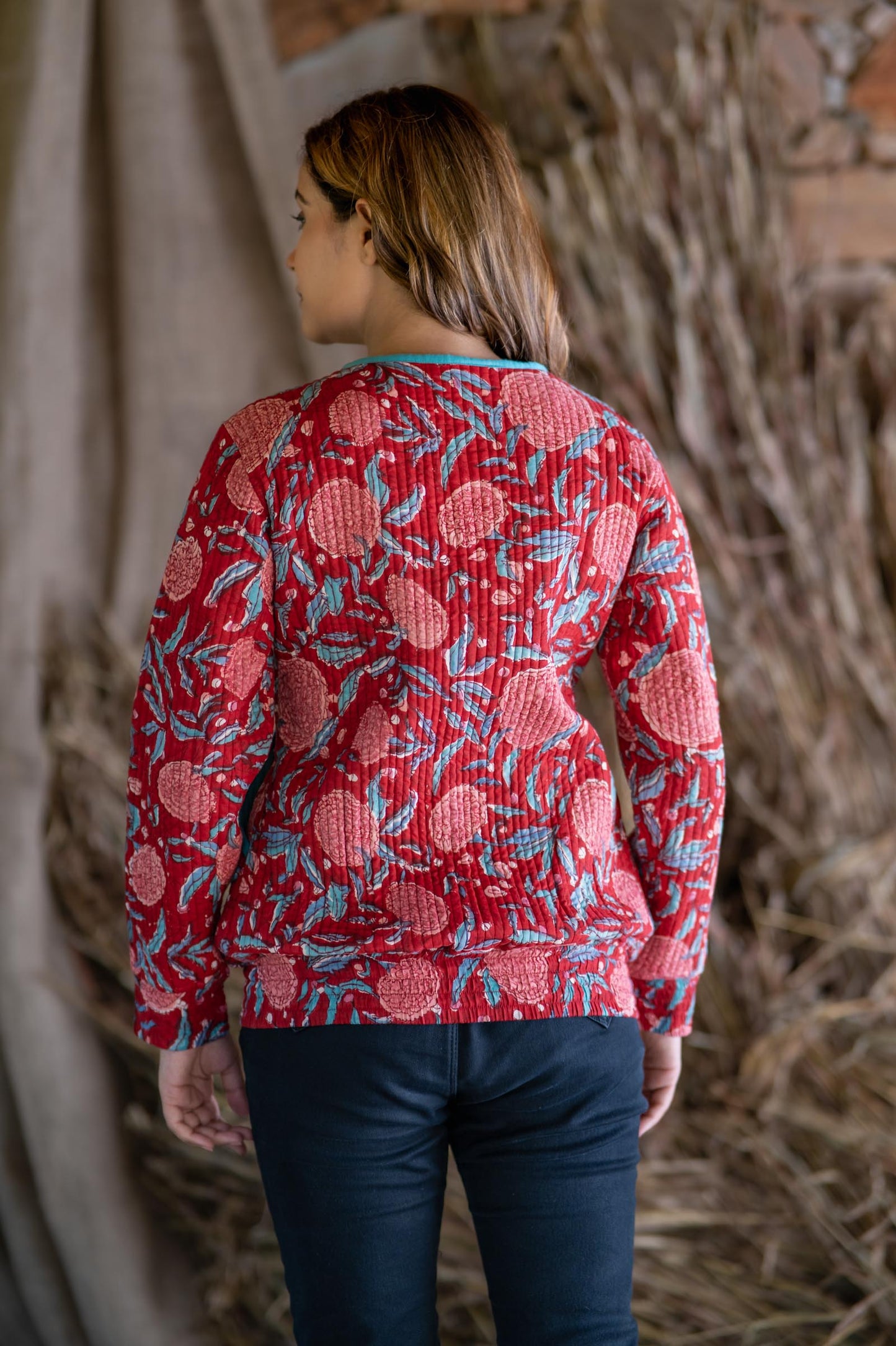 Red Block Printed Quilted Bomber Jacket-NVQJ496