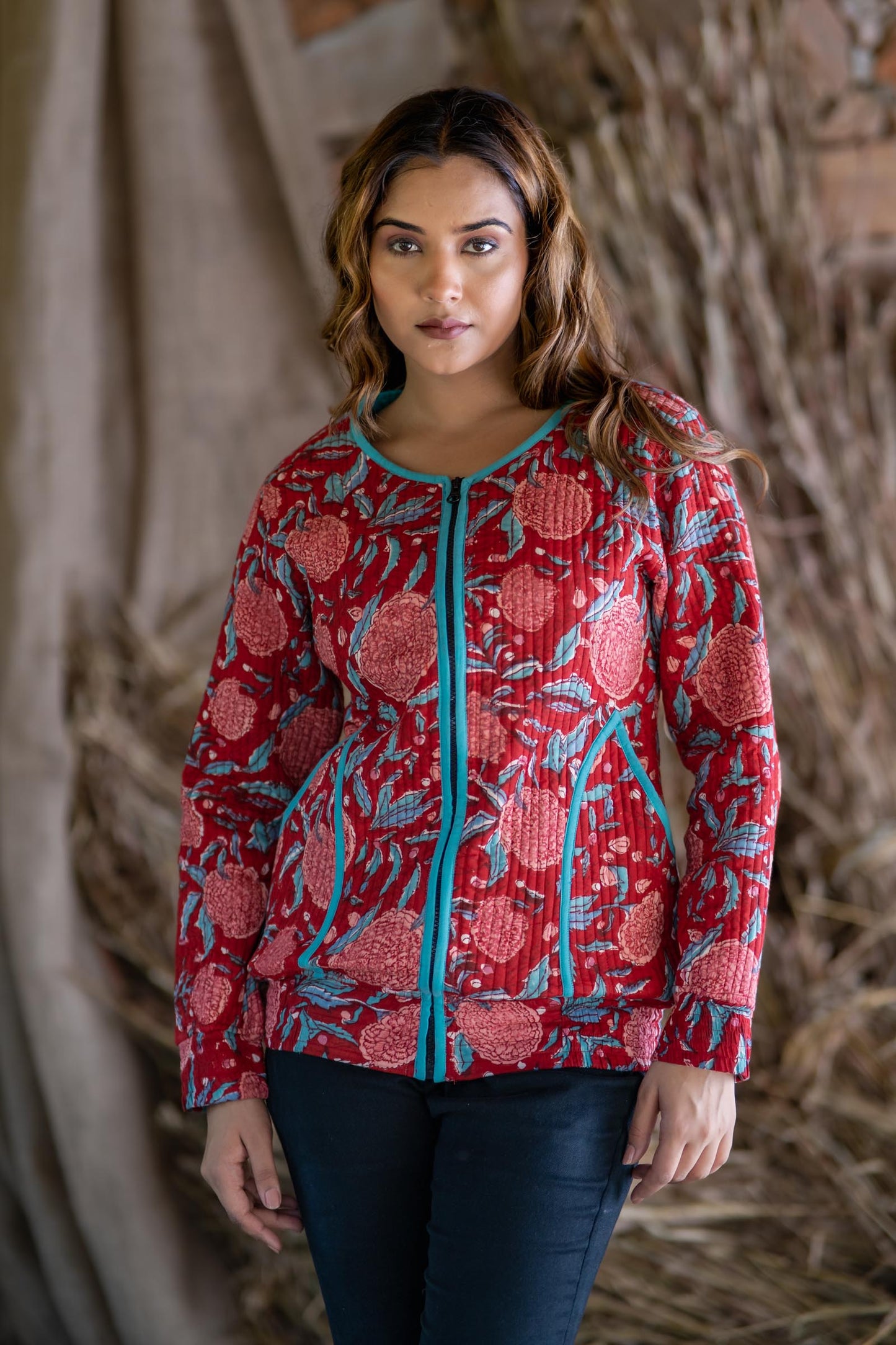 Red Block Printed Quilted Bomber Jacket-NVQJ496