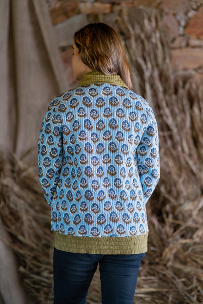 Blue Block Printed Quilted Bomber Jacket-NVQJ497