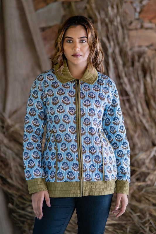 Blue Block Printed Quilted Bomber Jacket-NVQJ497