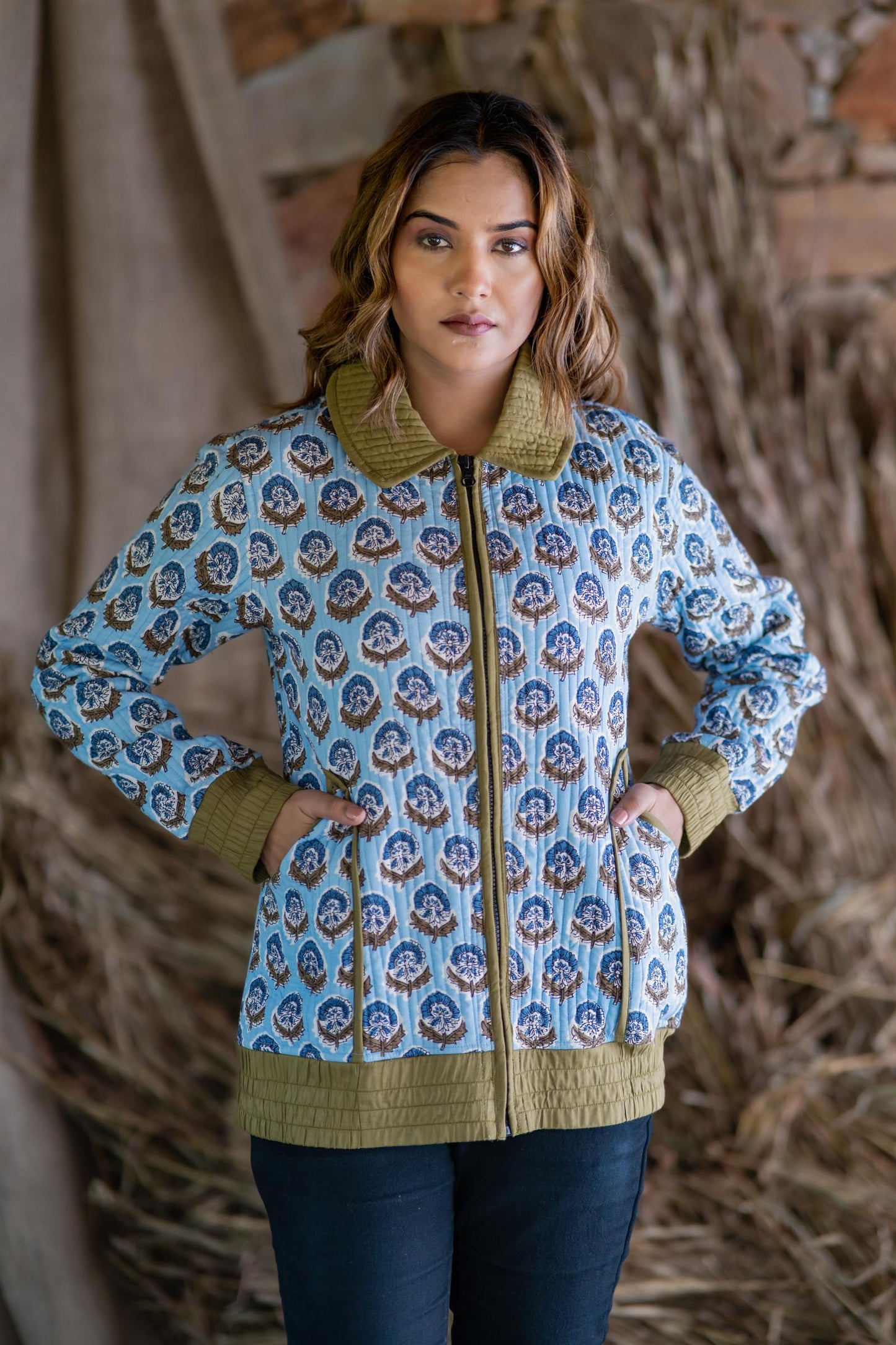 Blue Block Printed Quilted Bomber Jacket-NVQJ497