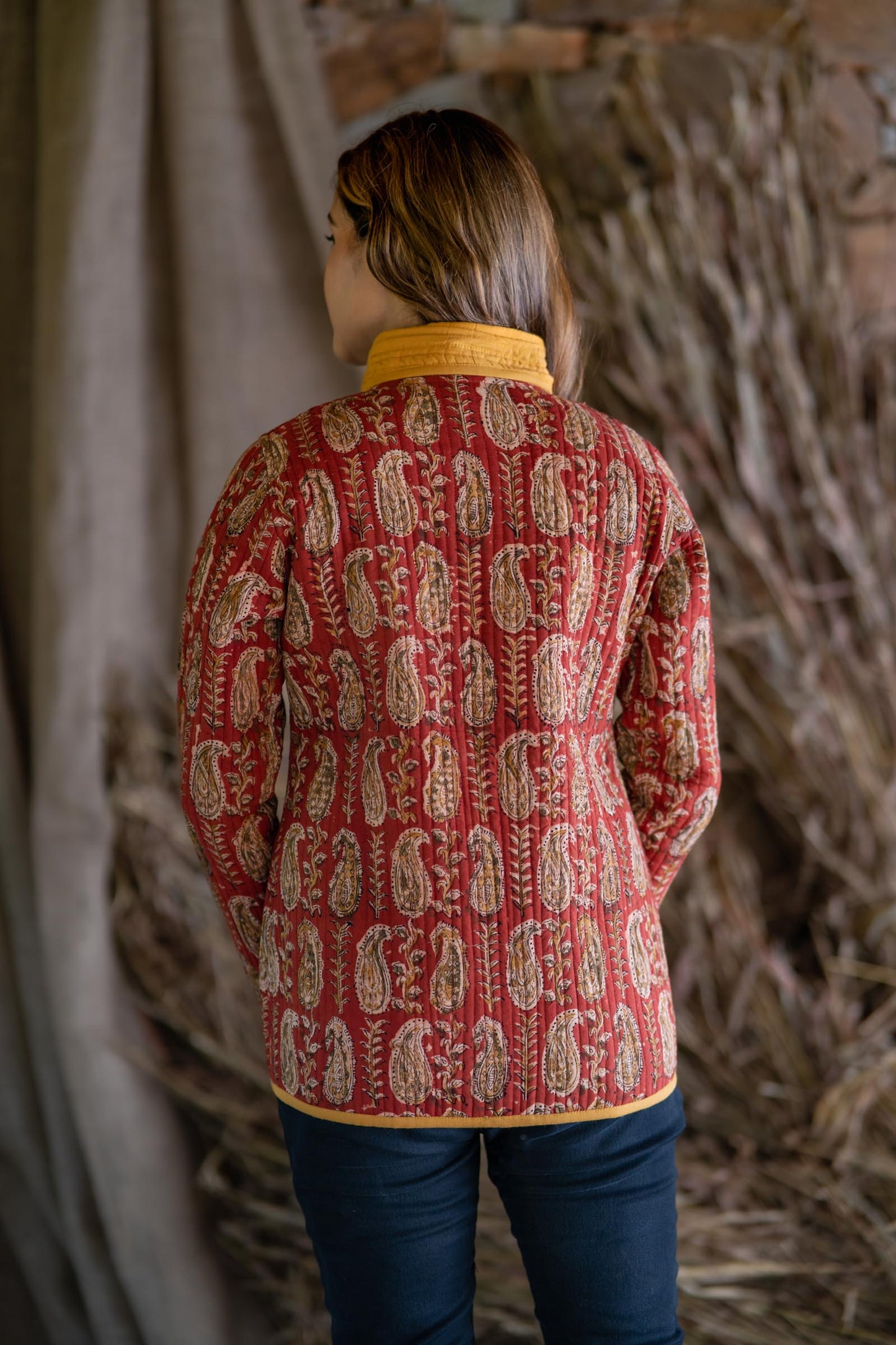 Rust Red Kalamkari Quilted Bukhara Jacket-NVQJ510