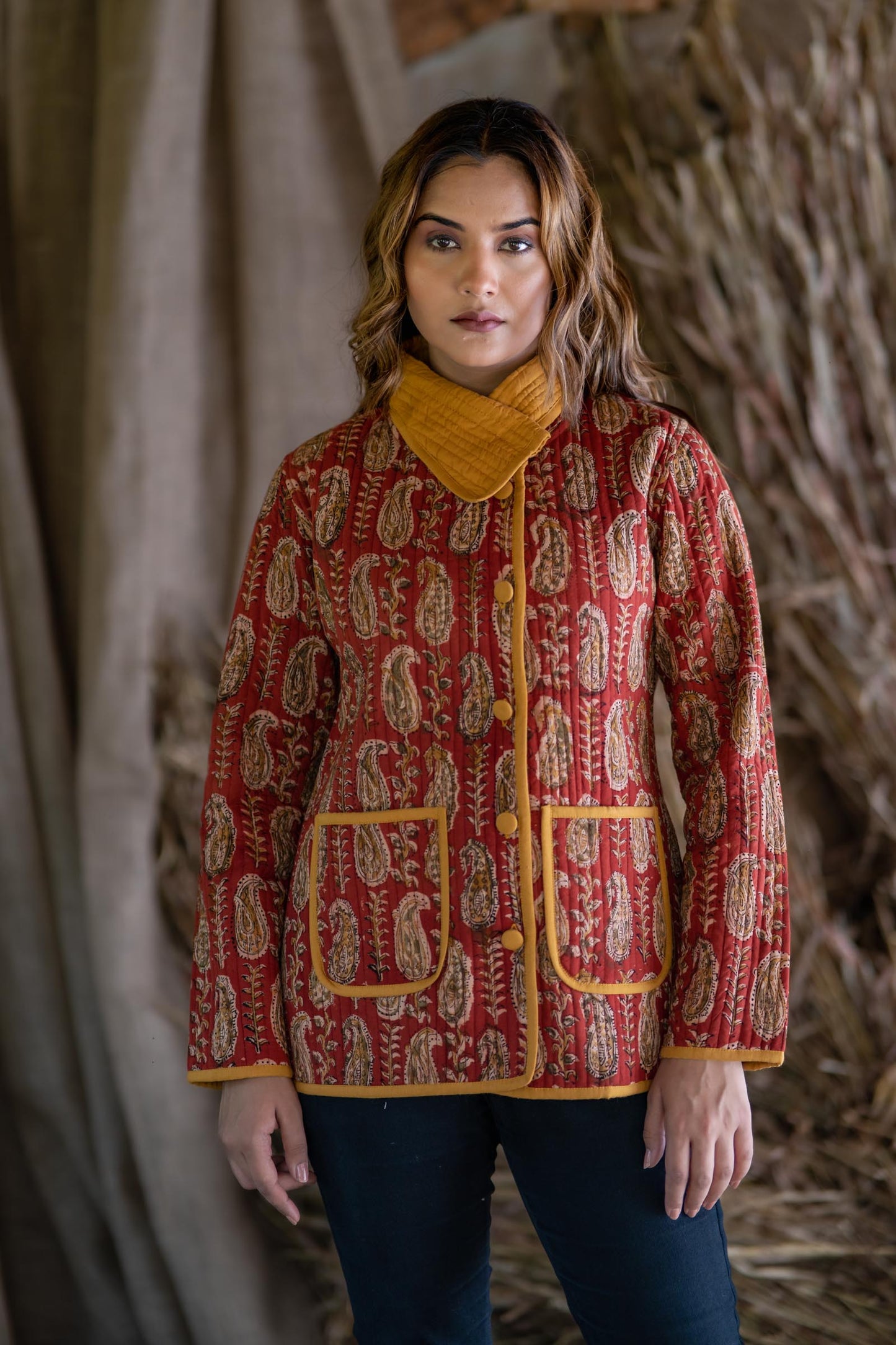 Rust Red Kalamkari Quilted Bukhara Jacket-NVQJ510