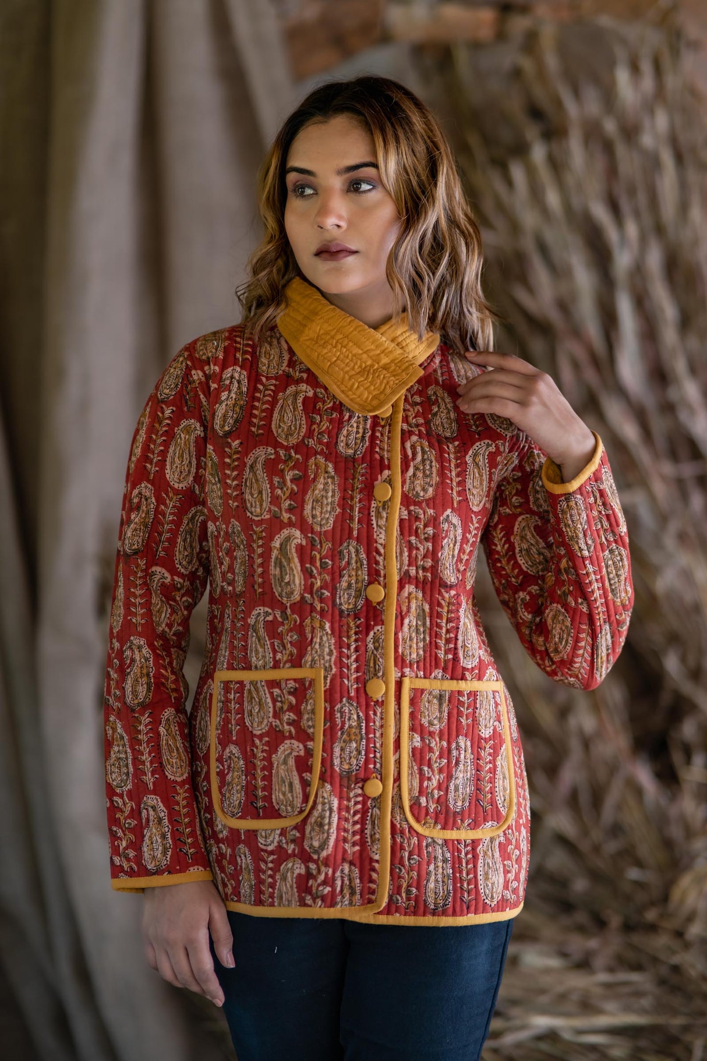 Rust Red Kalamkari Quilted Bukhara Jacket-NVQJ510