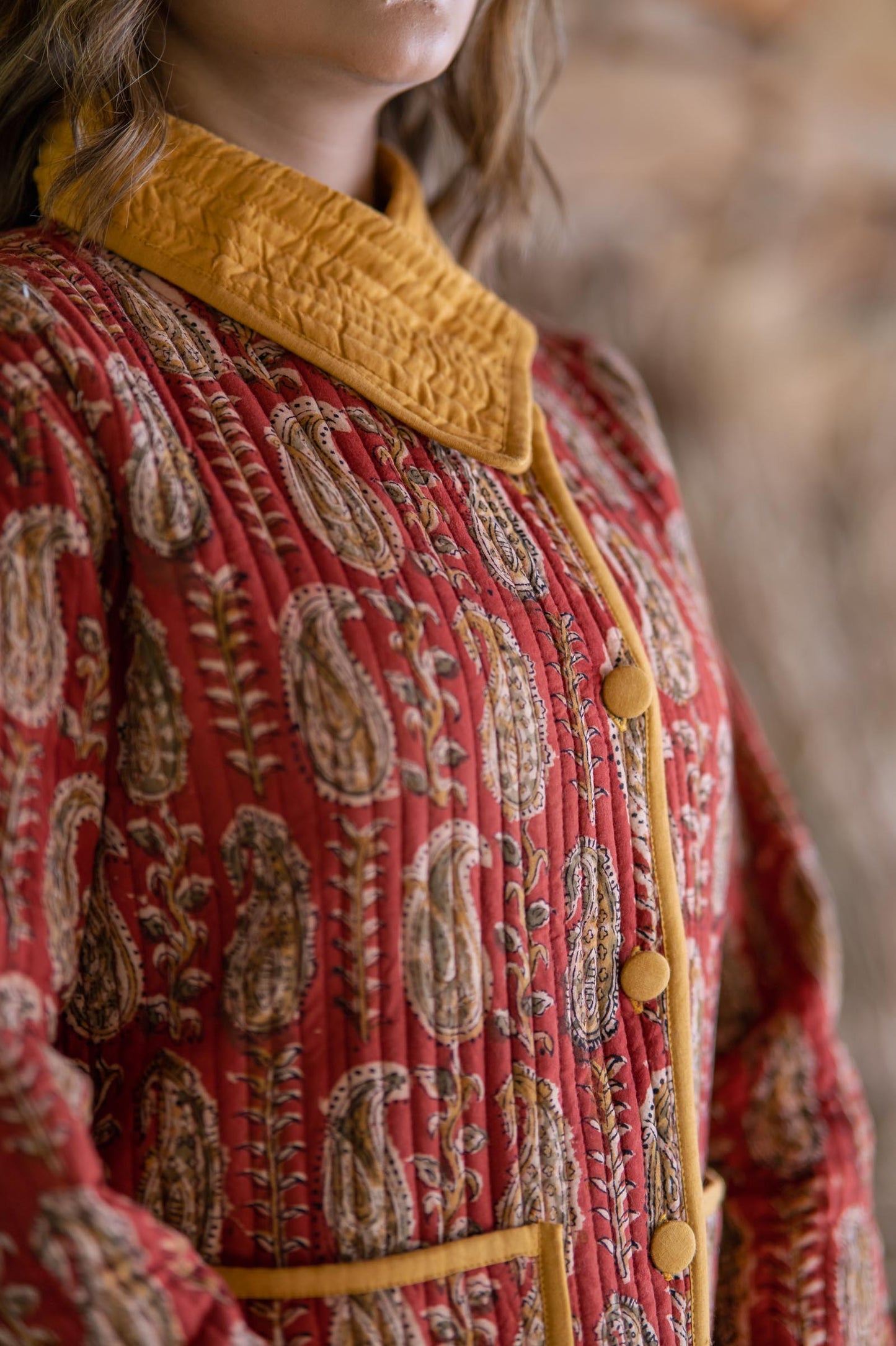 Rust Red Kalamkari Quilted Bukhara Jacket-NVQJ510